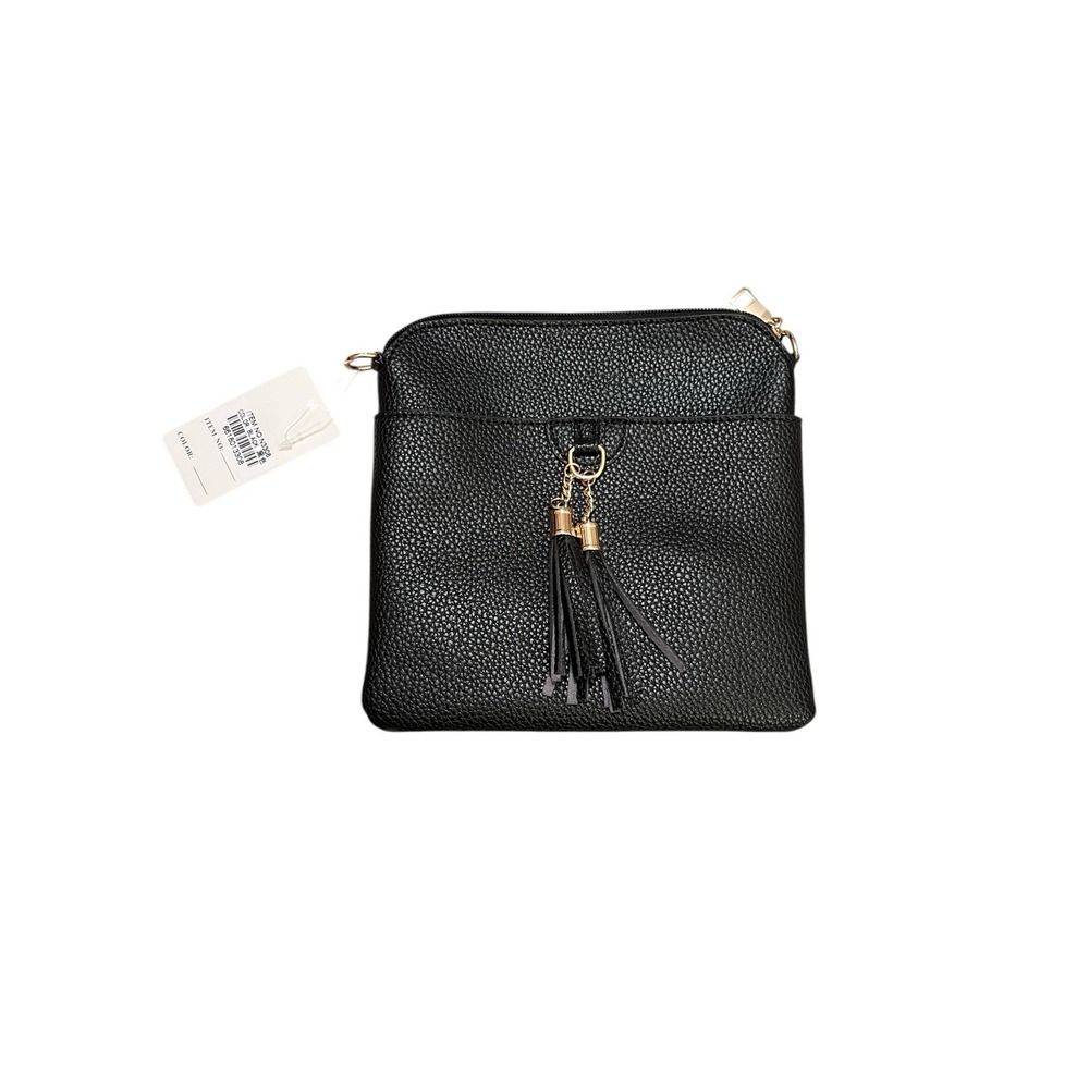 New Faux Leather Crossbody With Tassel Black Adjustable Strap Zip Closure Bag